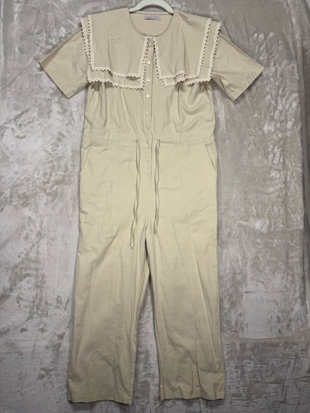 Cherrykoko Beige Lace Collar Jumpsuit Wide Leg Tie Waist Romper - Picture 10 of 14